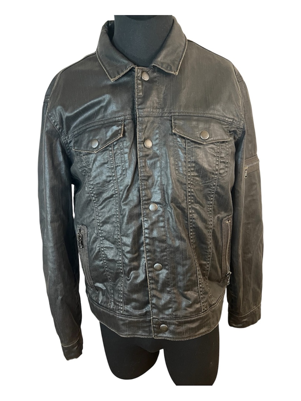 John Varvatos Black Coated Cotton Twill Sherpa Lined Trucker Jacket